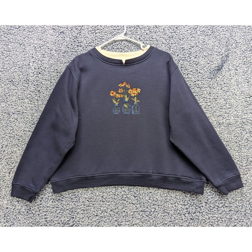 VTG Floral Embroidered Granny Sweatshirt Size LG Cottage Y2K 90s Retro Boho Blue